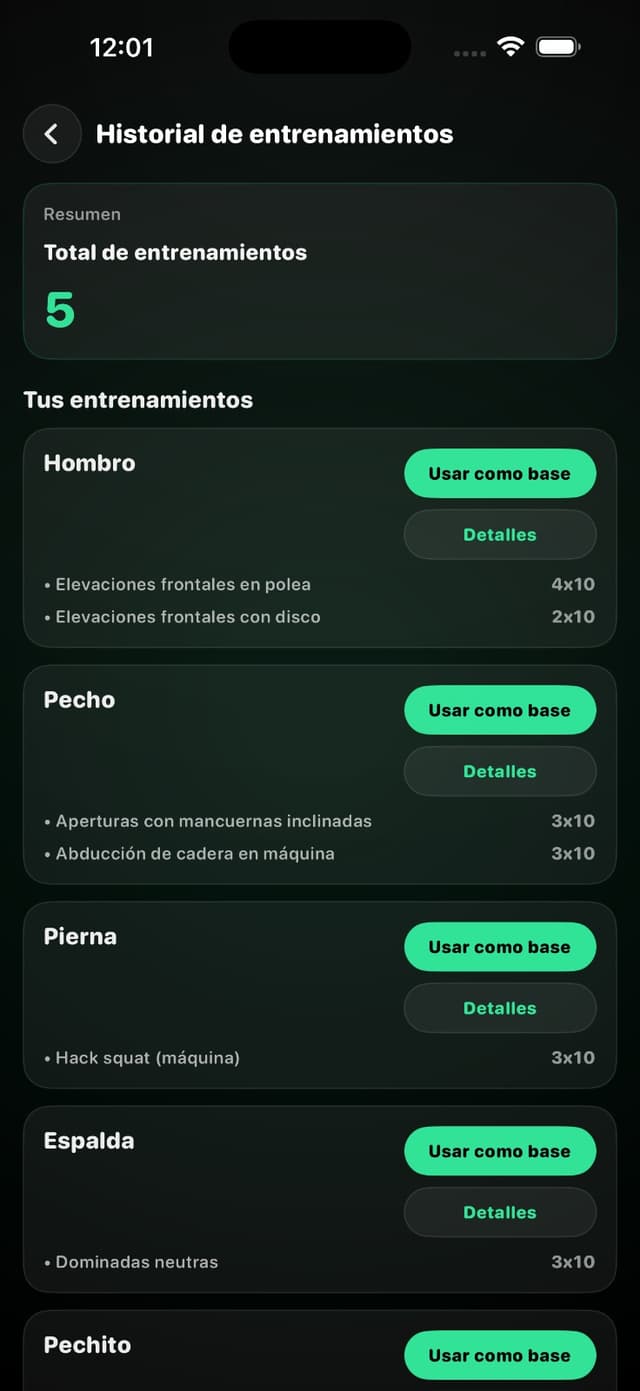 Historial de entrenamientos con detalle por sesion