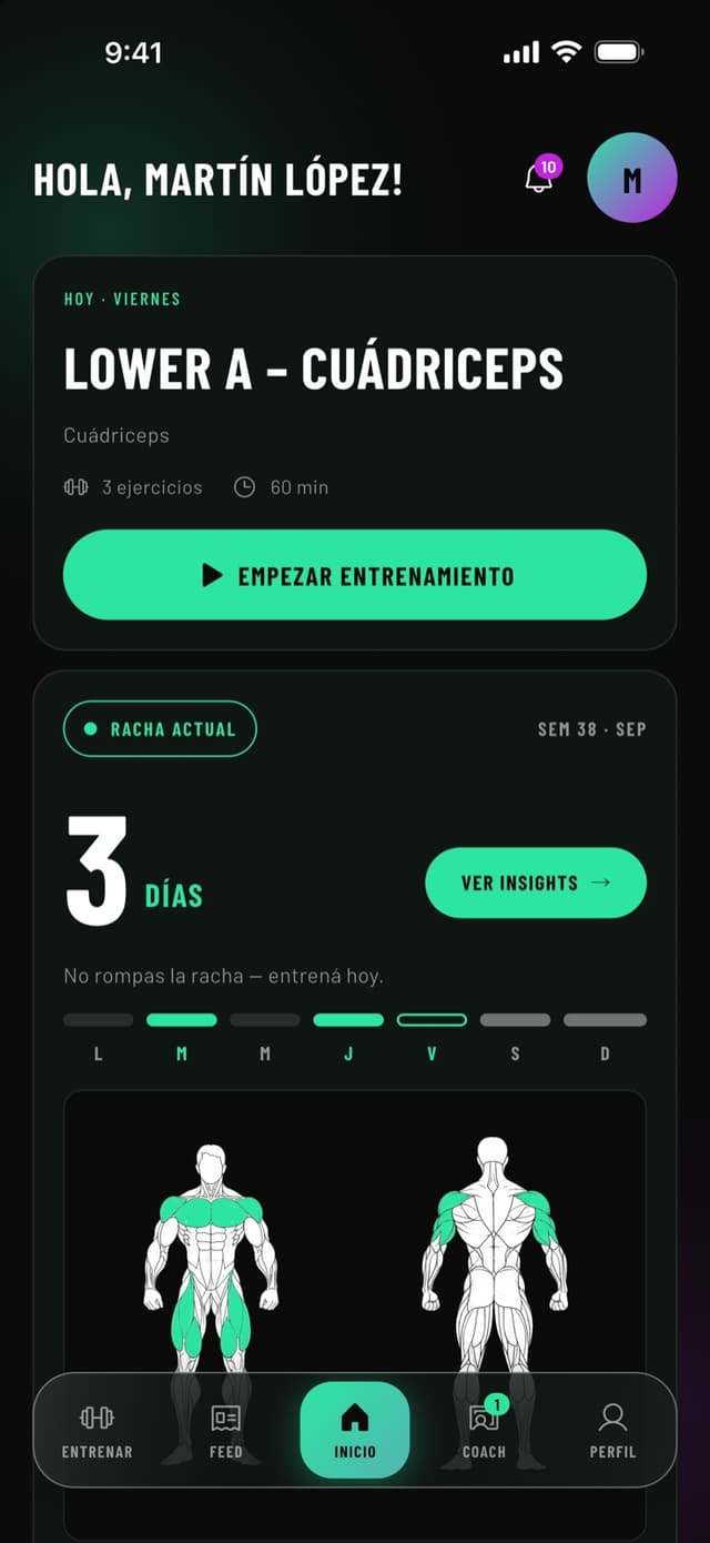 Pantalla de inicio de TREINO: el entrenamiento de hoy con su duración, la racha de días y un diagrama del cuerpo con los músculos trabajados