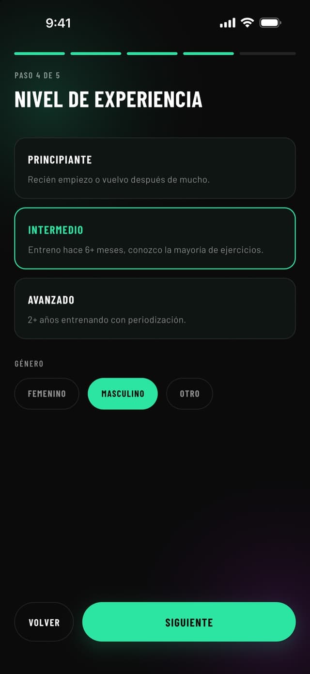 Paso del alta donde se elige el nivel de experiencia entre principiante, intermedio y avanzado